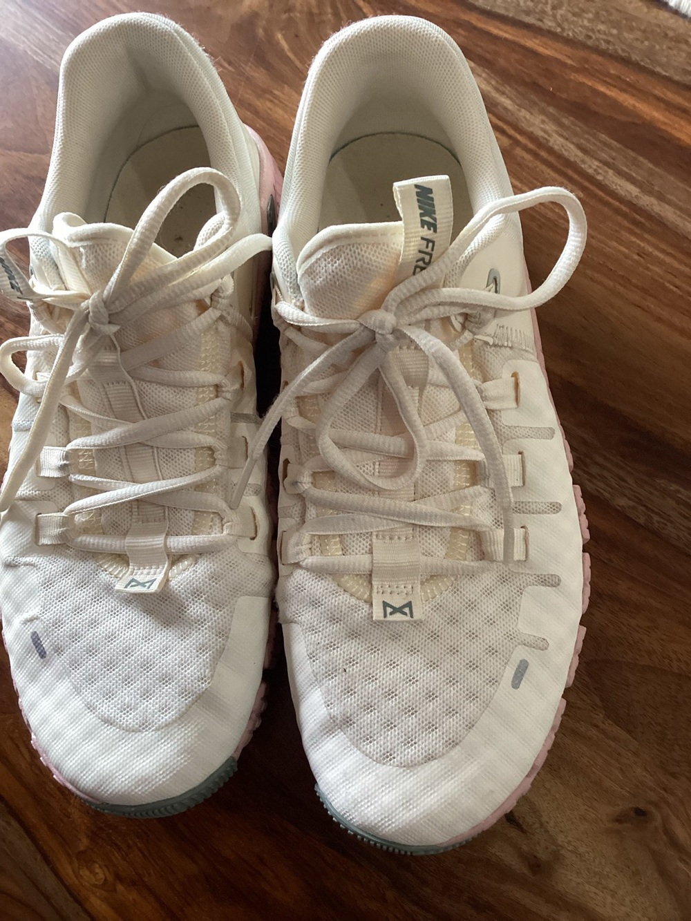 Nike off White and Light Pink Athletic Training Shoes.  Nike Metcon